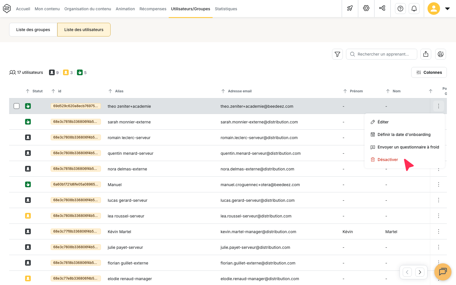 Liste des utilisateurs : le menu d’actions d’une ligne et l’option « Désactiver »