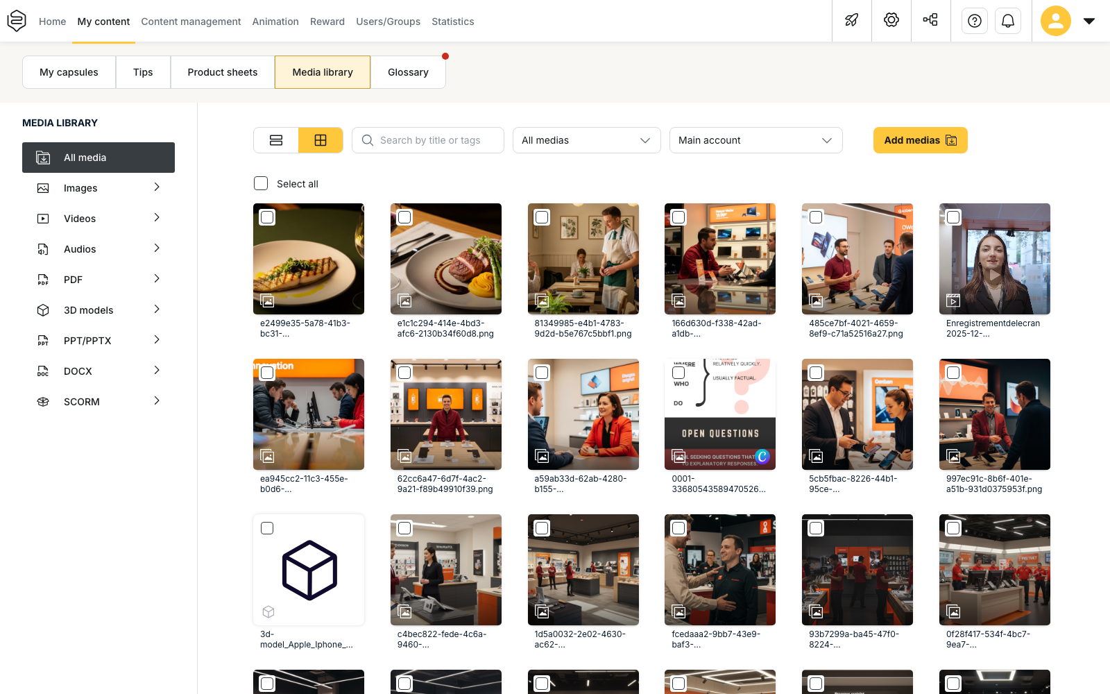My content › Media library: the file list and, on the left, the filters by type of media