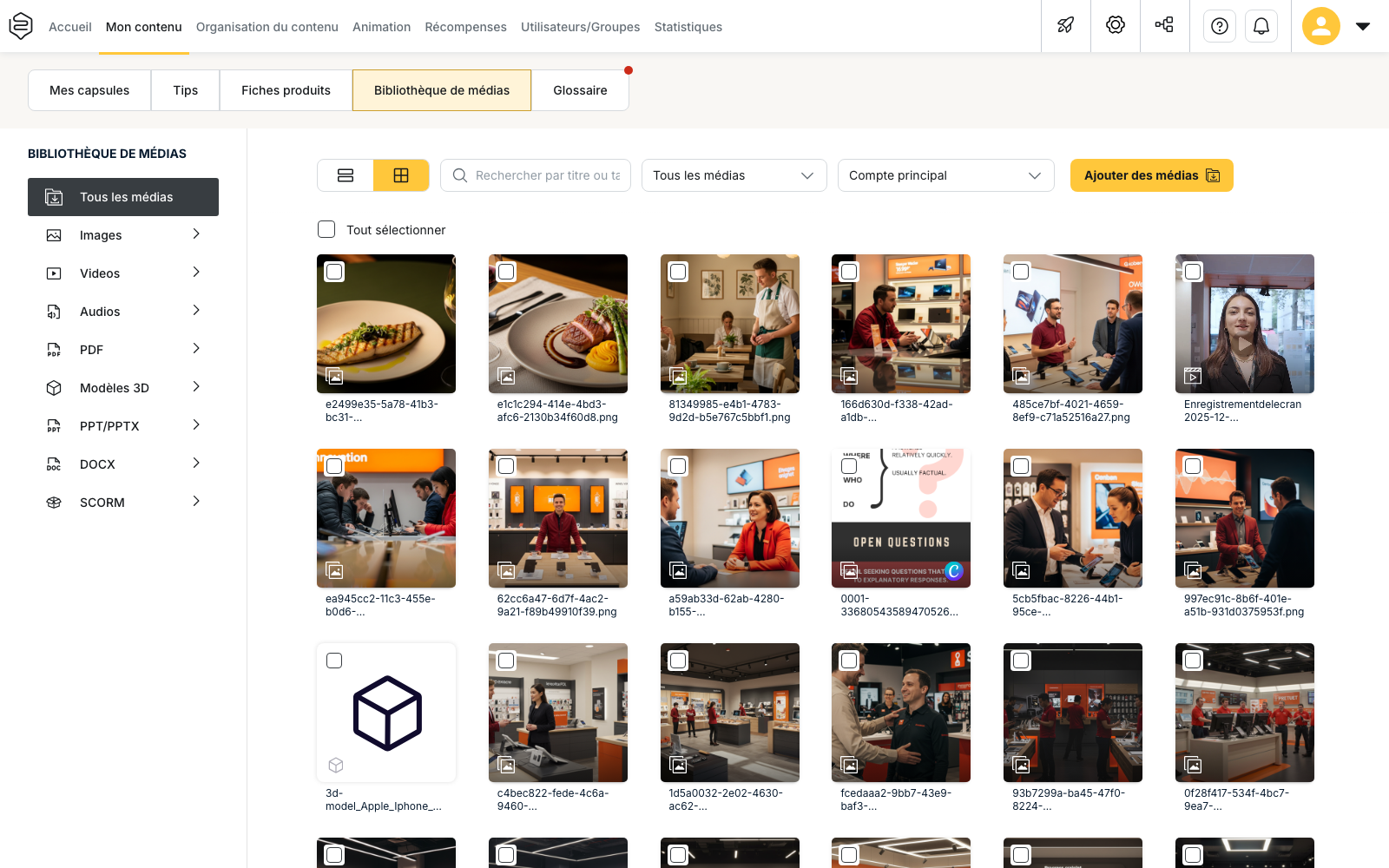 Mon contenu › Bibliothèque de médias : la liste des fichiers et, à gauche, les familles de formats — Images, Videos, Audios, PDF, Modèles 3D, PPT/PPTX, DOCX, SCORM