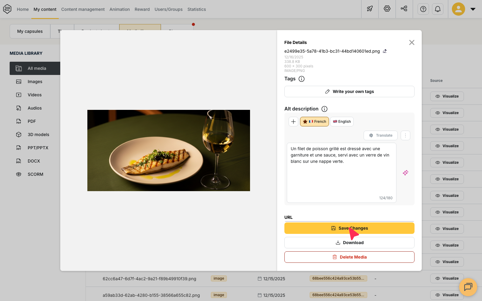 Media library: an image record, with its tags, its Alt description and the Save Changes button