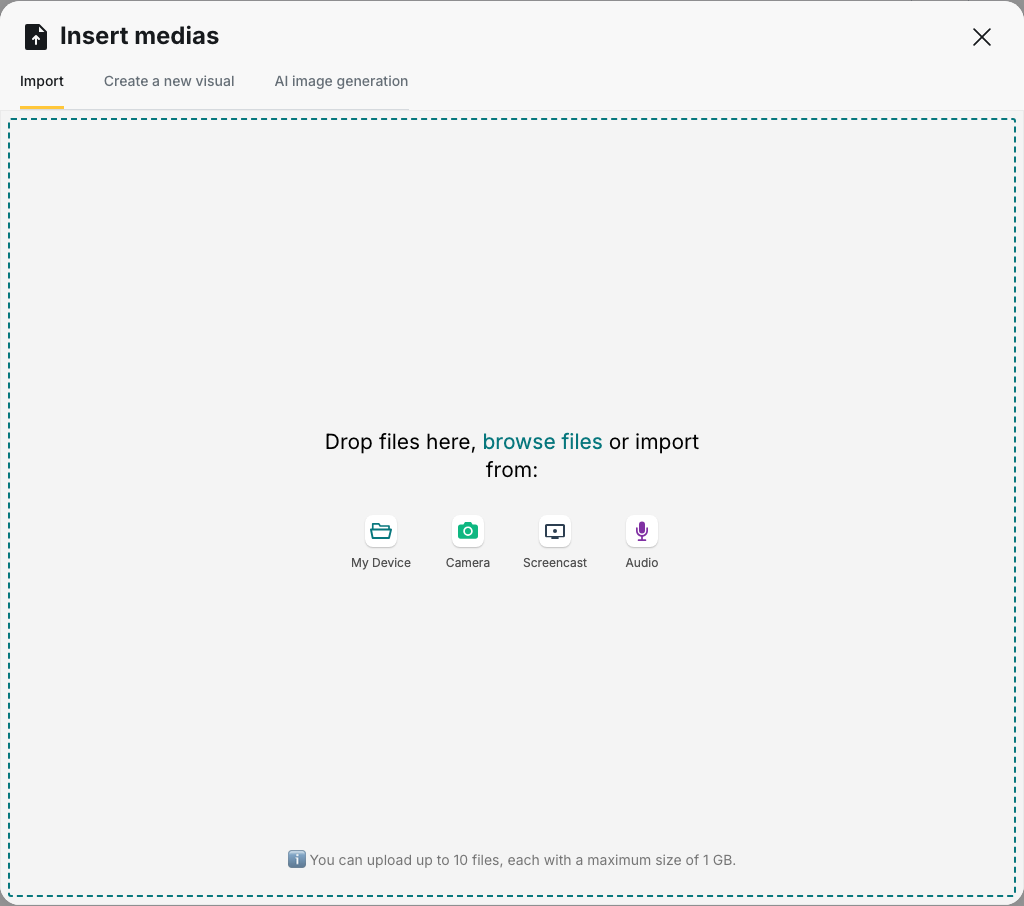 My content › Media library: the "Insert medias" window on the Import tab, with its sources and the 10-file, 1 GB limit
