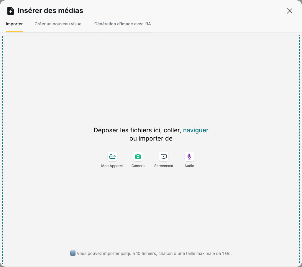 Mon contenu › Bibliothèque de médias : la fenêtre « Insérer des médias » sur l’onglet Importer et la limite de 10 fichiers de 1 Go