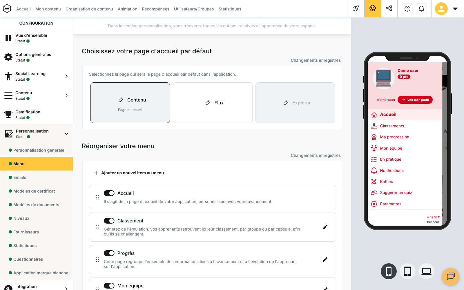 Page Menu de la Personnalisation dans le back-office, avec le bouton Ajouter un nouvel item au menu et la liste des entrées de l’application