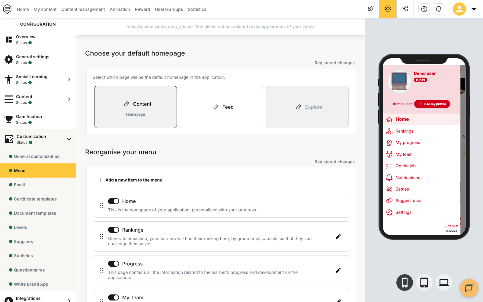 Menu page of Customization in the back office, with the Add a new item to the menu button and the list of app entries
