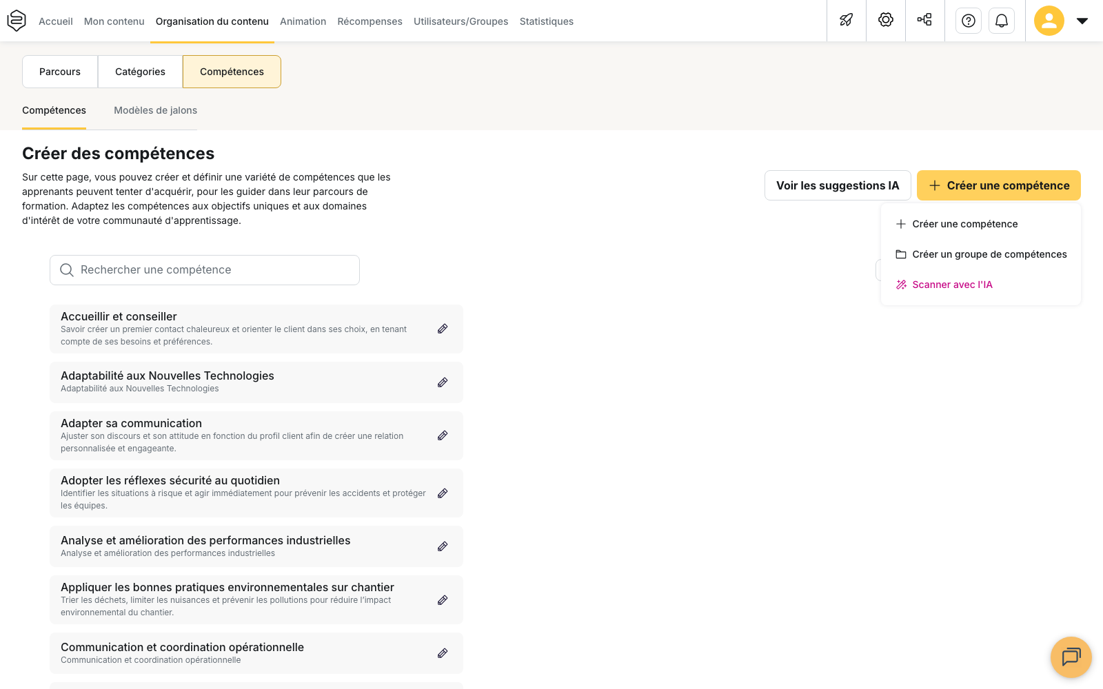 Le menu ouvert sous le bouton « Créer une compétence », avec ses trois entrées