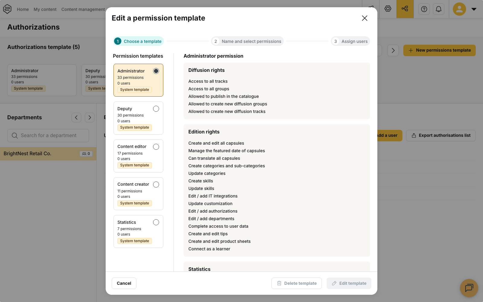Authorizations menu, "Choose a template" step: the list of permission templates and the rights of the selected template