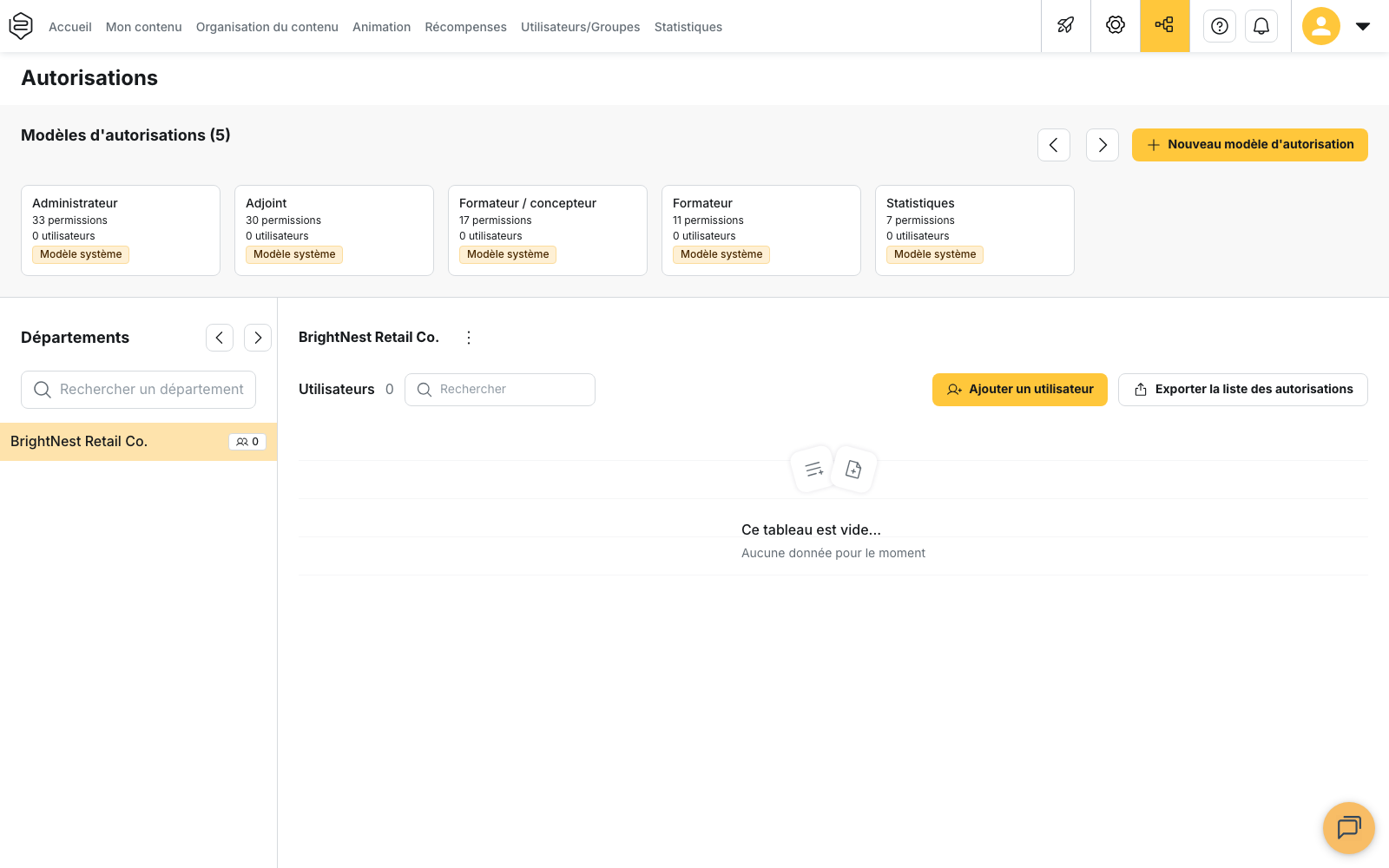 La page Autorisations : les modèles de permissions et l'arbre des départements