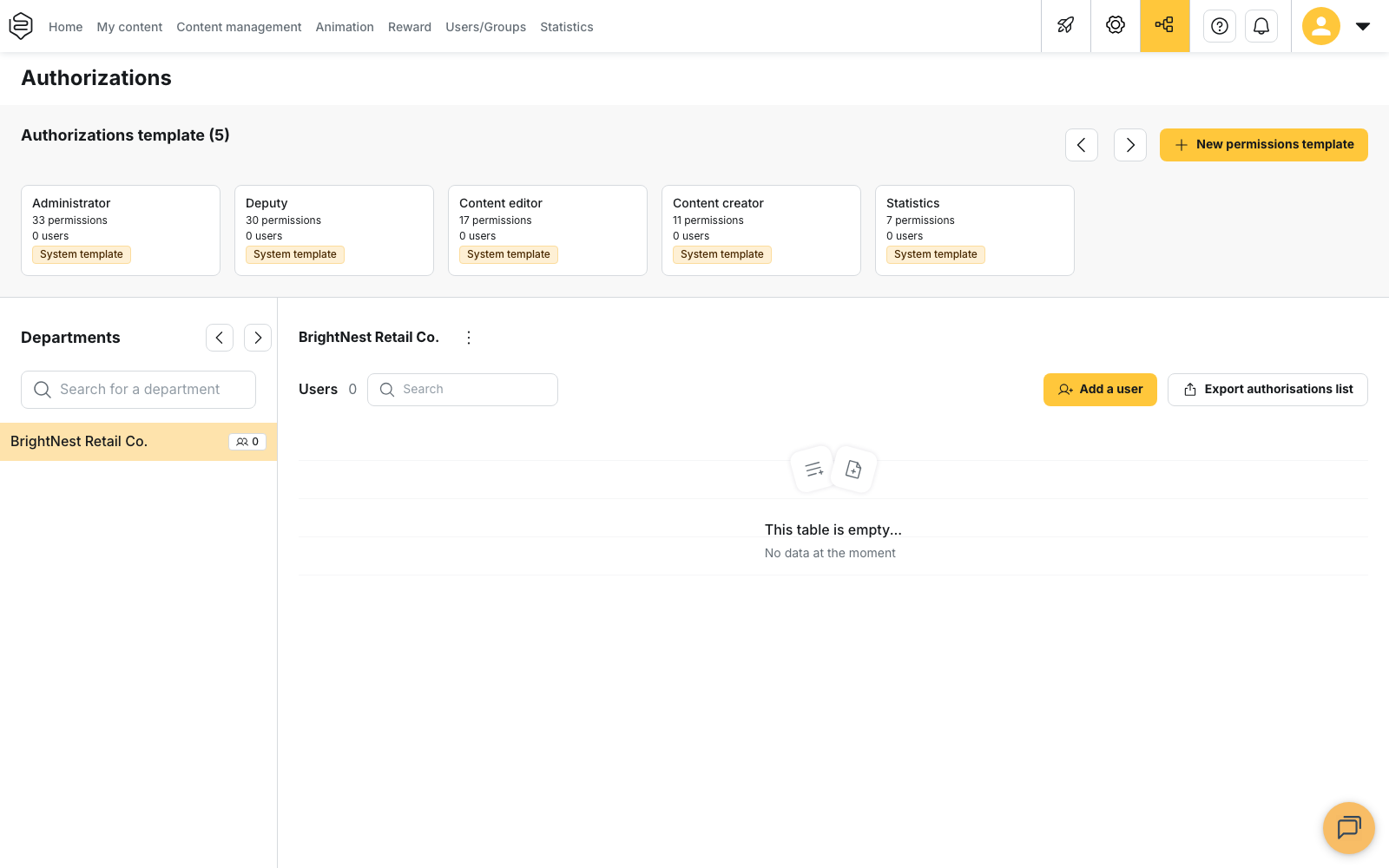 The Authorizations page: the permission templates at the top, the Departments panel on the left