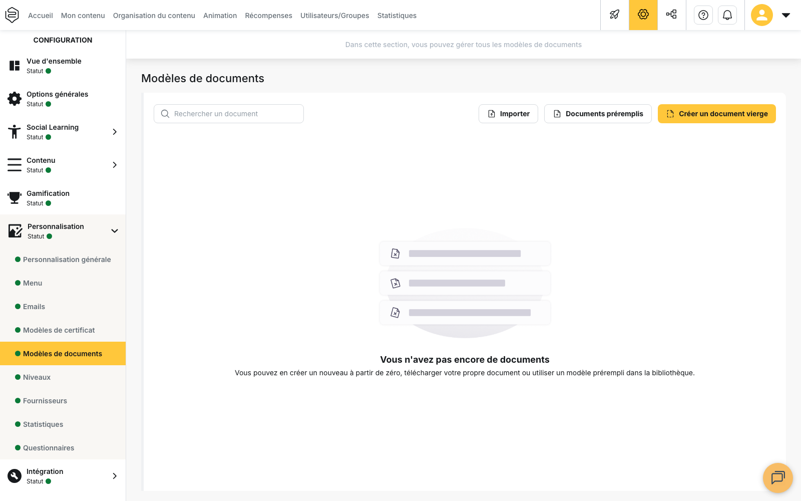 Configuration › Personnalisation › Modèles de documents : la liste vide, avec les boutons « Importer », « Documents préremplis » et « Créer un document vierge »