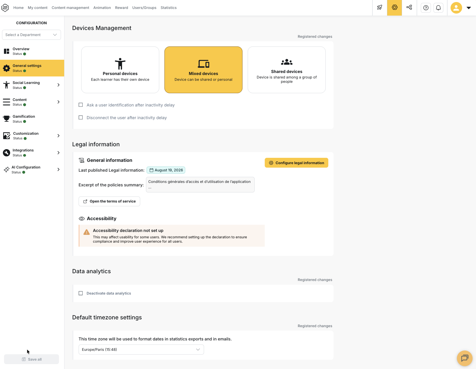 The accessibility declaration configured in the back-office