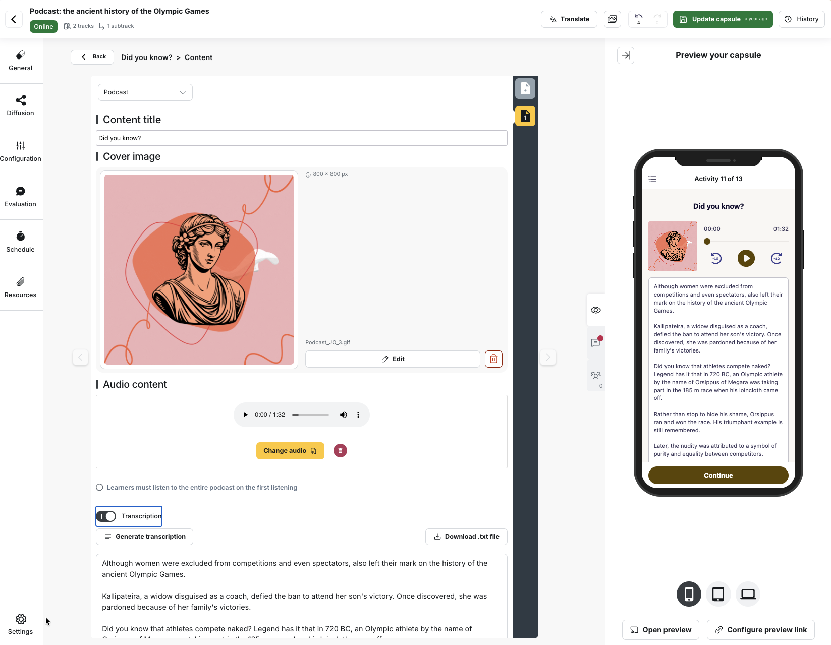 The media record of a podcast card in the capsule editor, with the Transcription option under the player