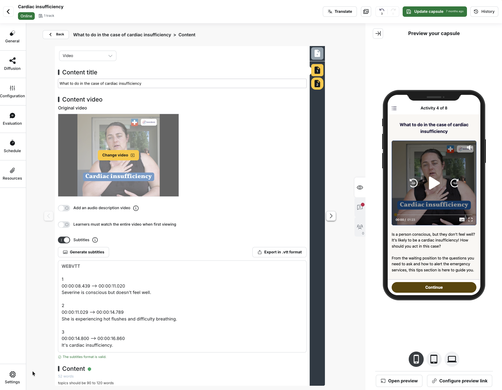 The media record of a video in the capsule editor, with the Subtitles option under the player