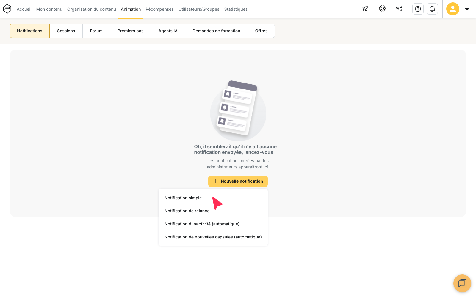 Animation > Notifications : le menu du bouton Nouvelle notification, avec la flèche sur Notification simple