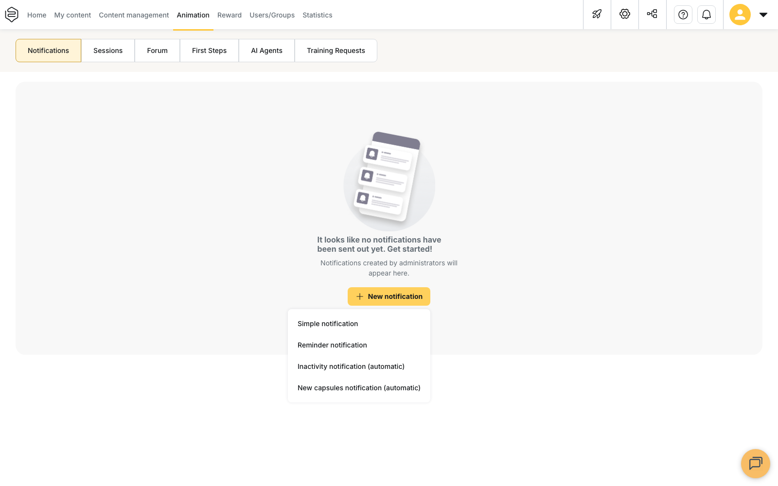 Animation › Notifications: the New notification button opened on its four entries