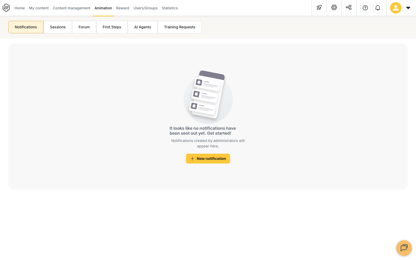 Animation › Notifications: the list, with the Scheduling, Type, Status and Historic columns