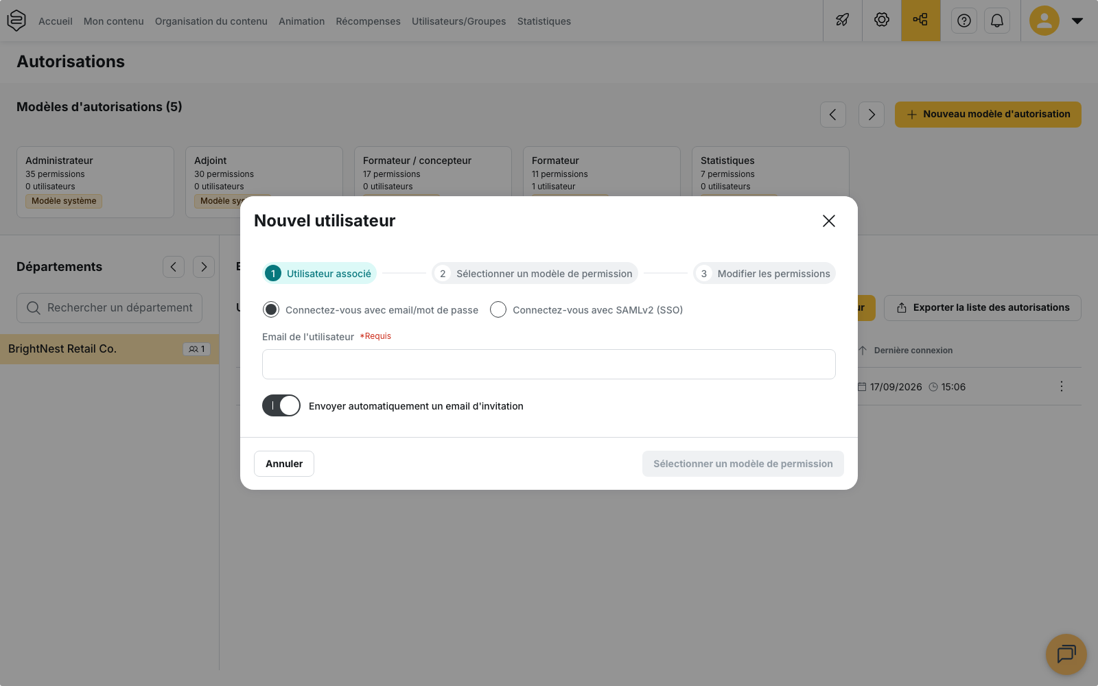 Fenêtre « Nouvel utilisateur », étape « Utilisateur associé » : mode de connexion, email de l’utilisateur et option d’envoi de l’invitation