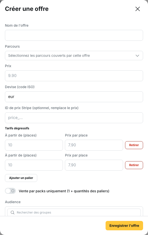 Animation › Offres : la fenêtre « Créer une offre », deux paliers de tarifs dégressifs avec « À partir de (places) » et « Prix par place », puis le sélecteur « Audience »