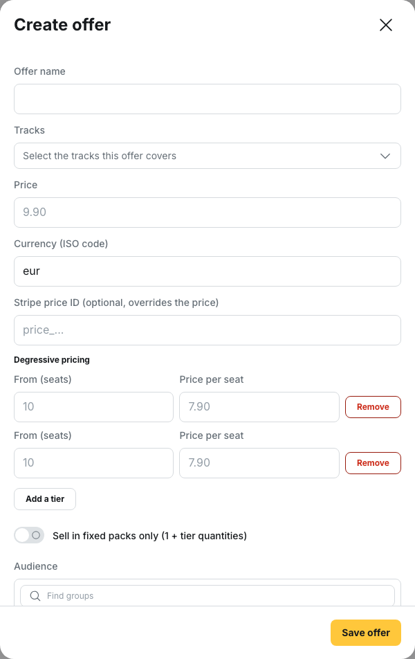 Animation > Offers: the offer window with two degressive tiers filled in under "From (seats)" and "Price per seat", then the "Audience" picker