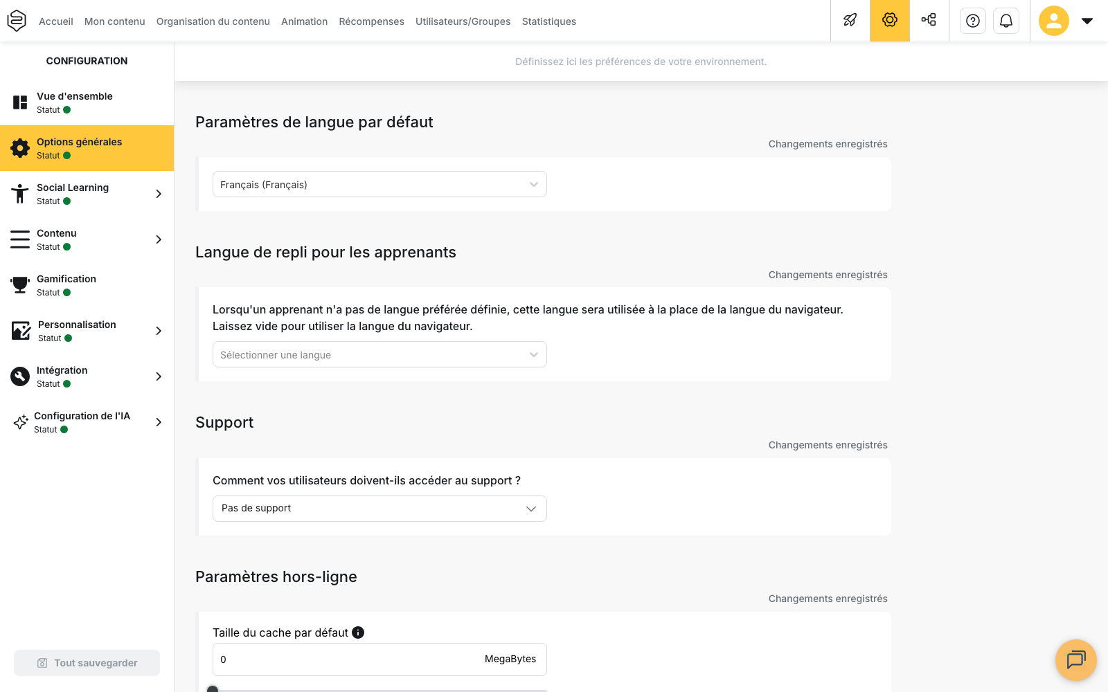 Configuration › Options générales : langue par défaut, langue de repli, support et paramètres hors-ligne