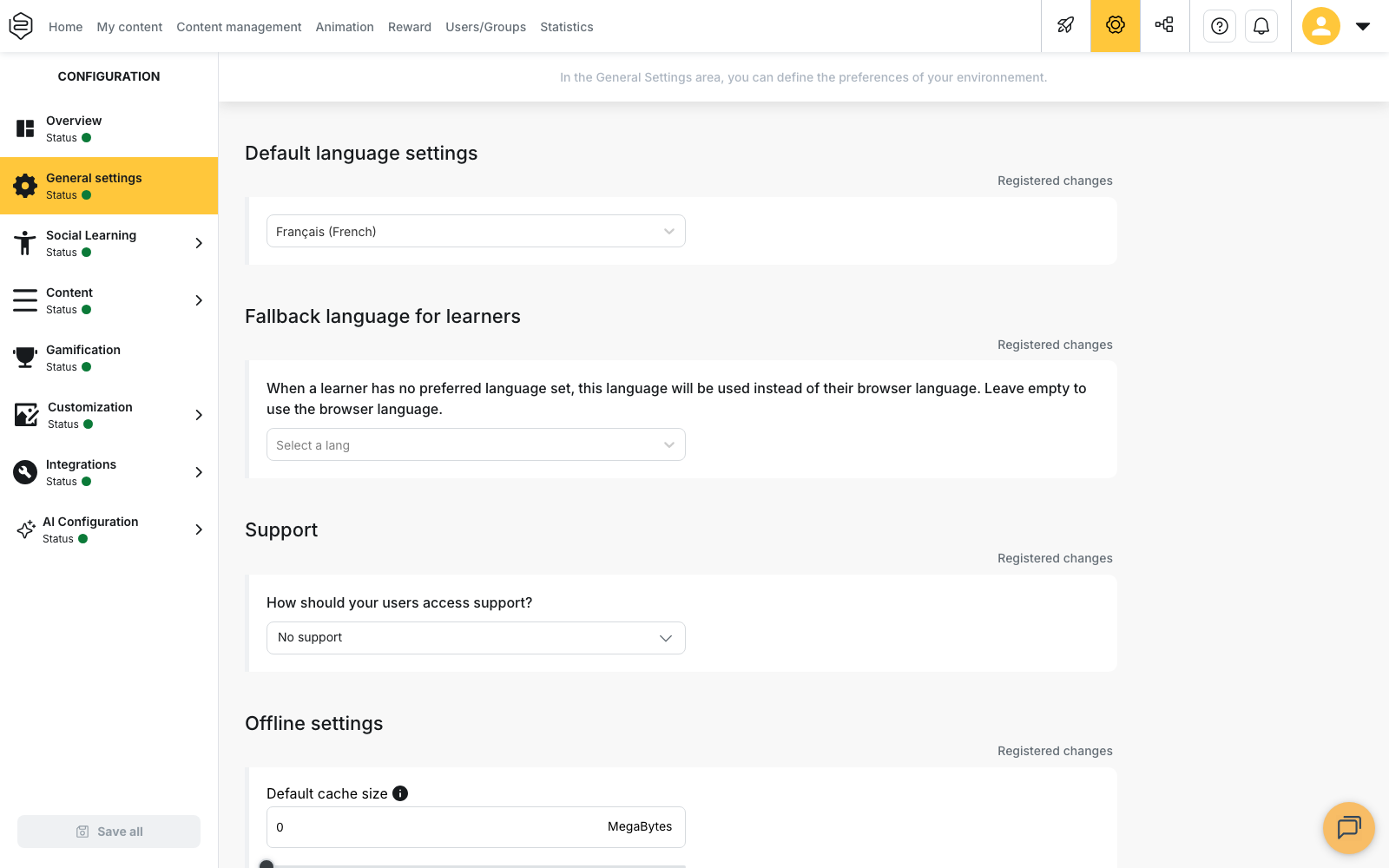 Configuration › General settings: default language, fallback language, support and offline settings