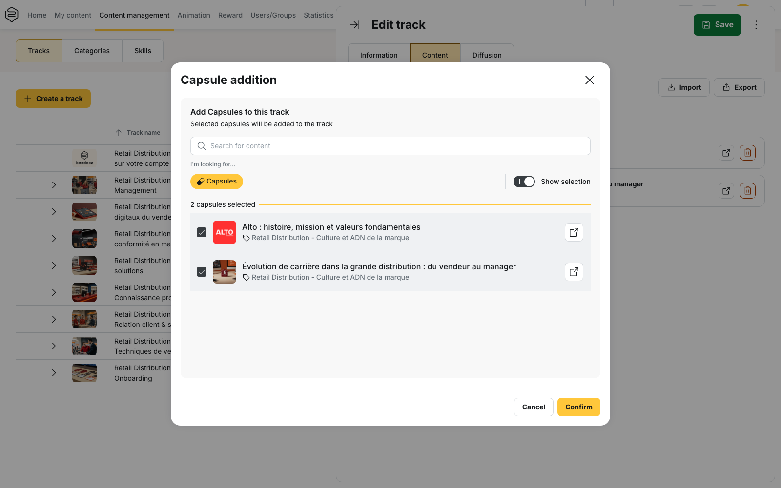 The Capsule addition modal: two capsules ticked, the Show selection toggle and the Confirm button