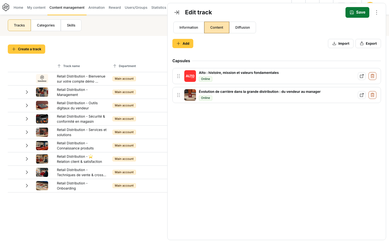 The Edit track panel, Content tab: the Add button, Import and Export, and the Capsules section