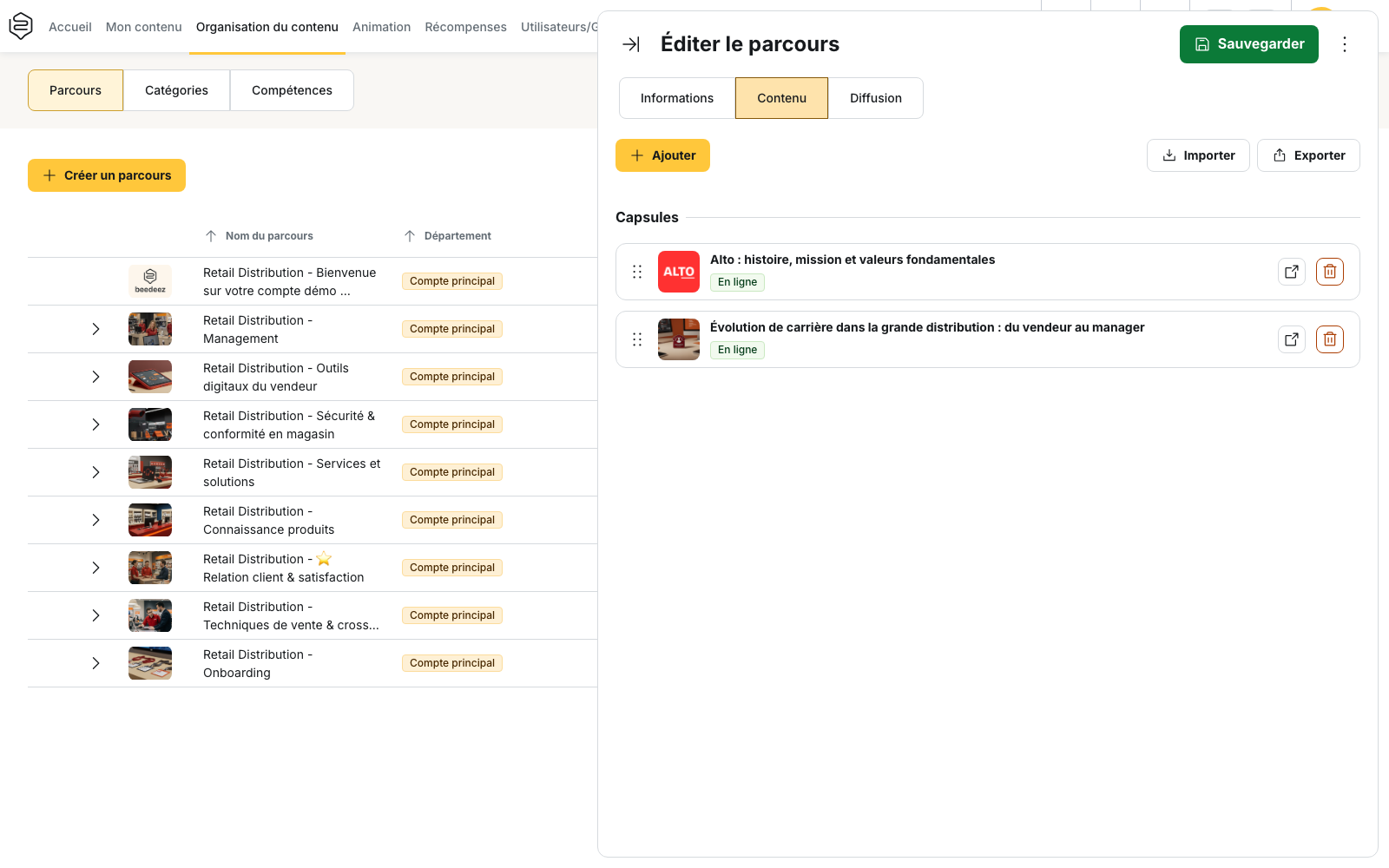 Le panneau « Éditer le parcours », onglet Contenu : le bouton Ajouter, Importer et Exporter, et la section Capsules