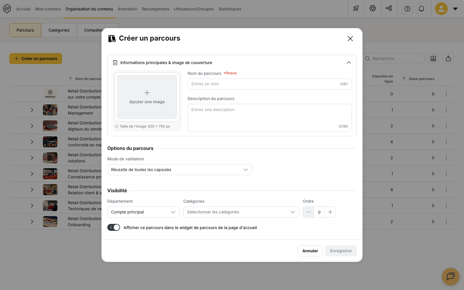 Organisation du contenu › Parcours, fenêtre « Créer un parcours » avec les blocs « Informations principales & image de couverture », « Options du parcours » et « Visibilité »
