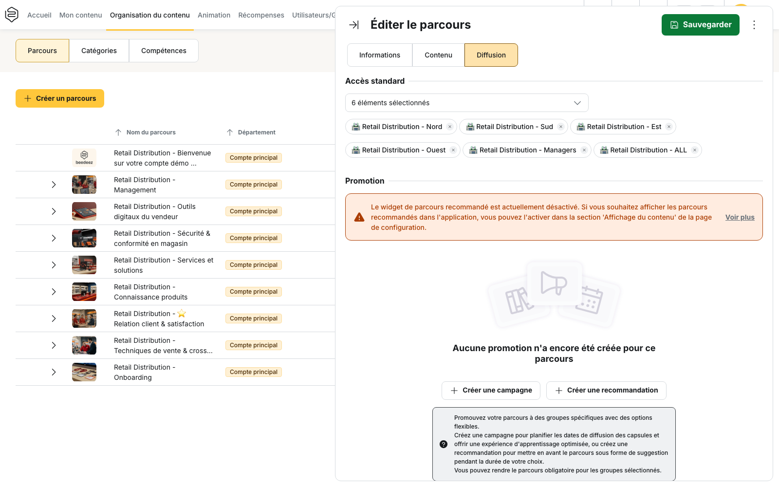 Organisation du contenu › Parcours, panneau « Éditer le parcours », onglet Diffusion, avec le bloc « Accès standard »