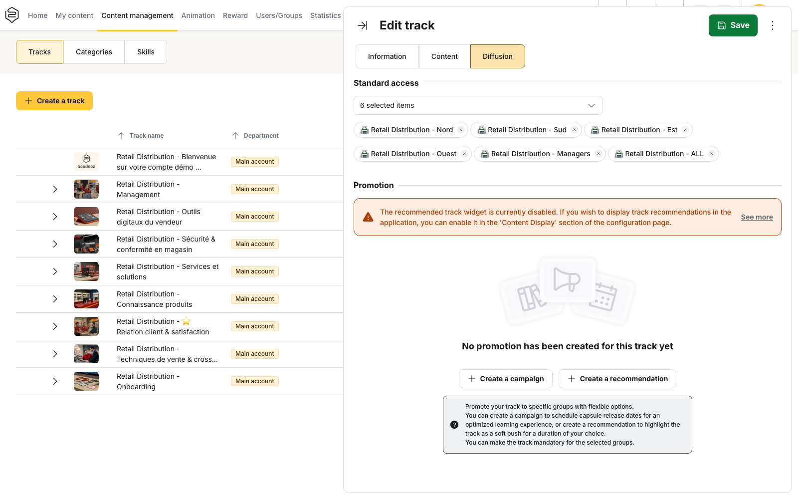 Content organisation › Tracks › Edit track › Diffusion: the Promotion block, with the disabled-widget alert and the Create a campaign and Create a recommendation buttons