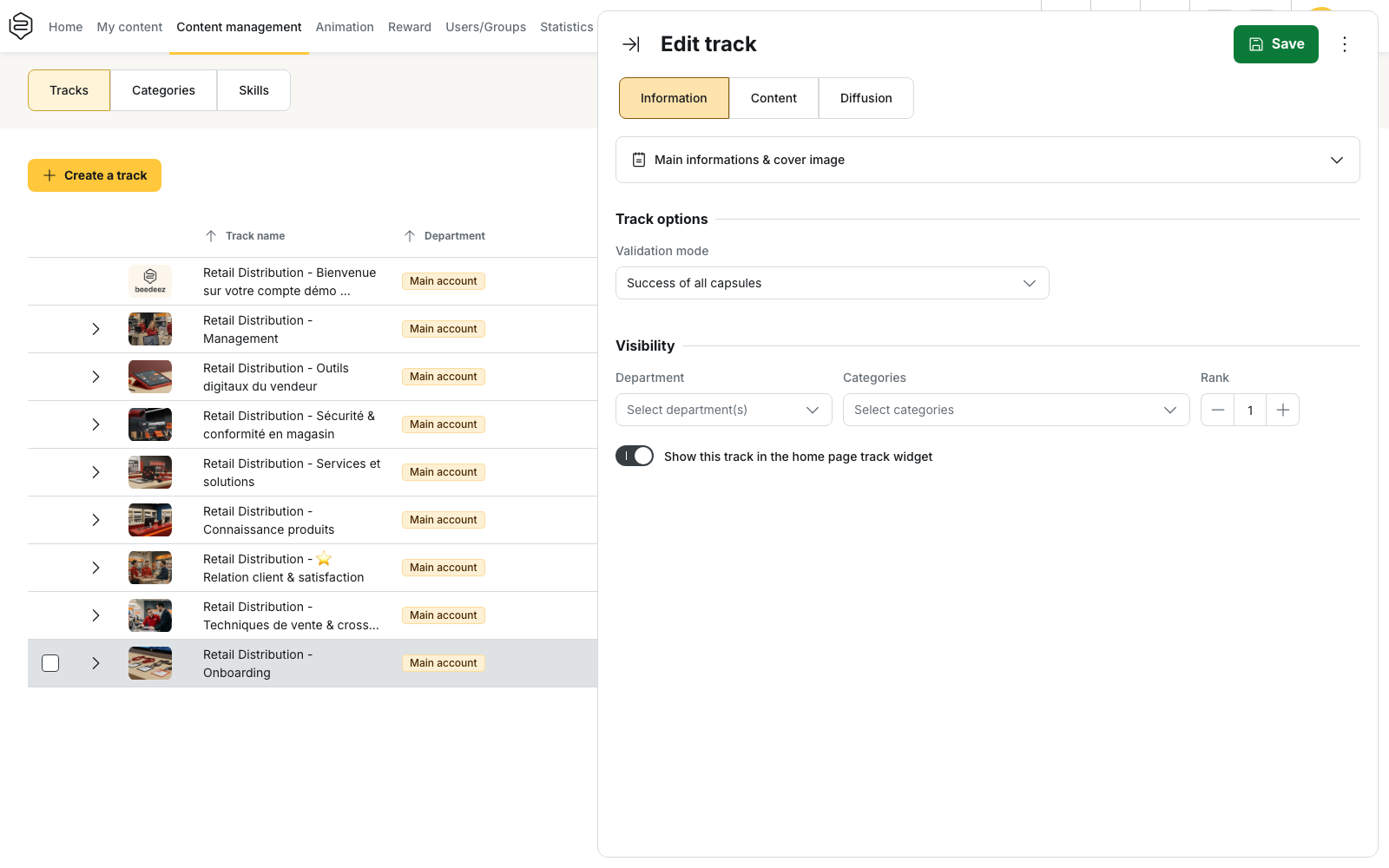 Back-office, track edit panel, Information tab: the Rank field in the Visibility section
