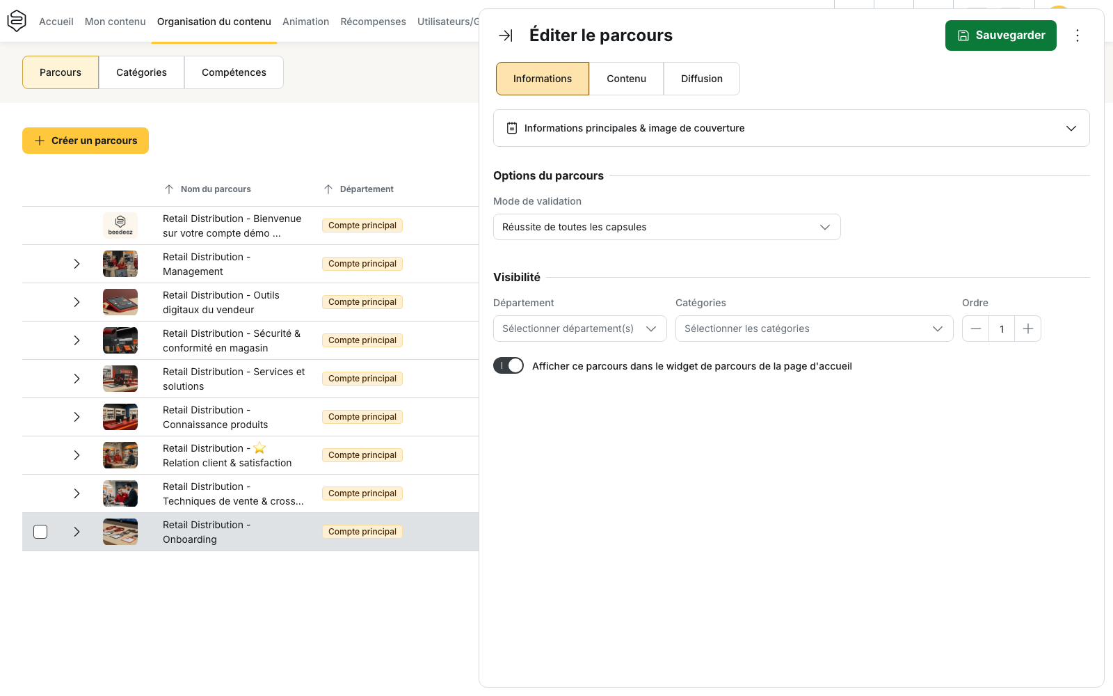 Back-office, panneau « Éditer le parcours », onglet Informations : le champ Ordre dans la section Visibilité