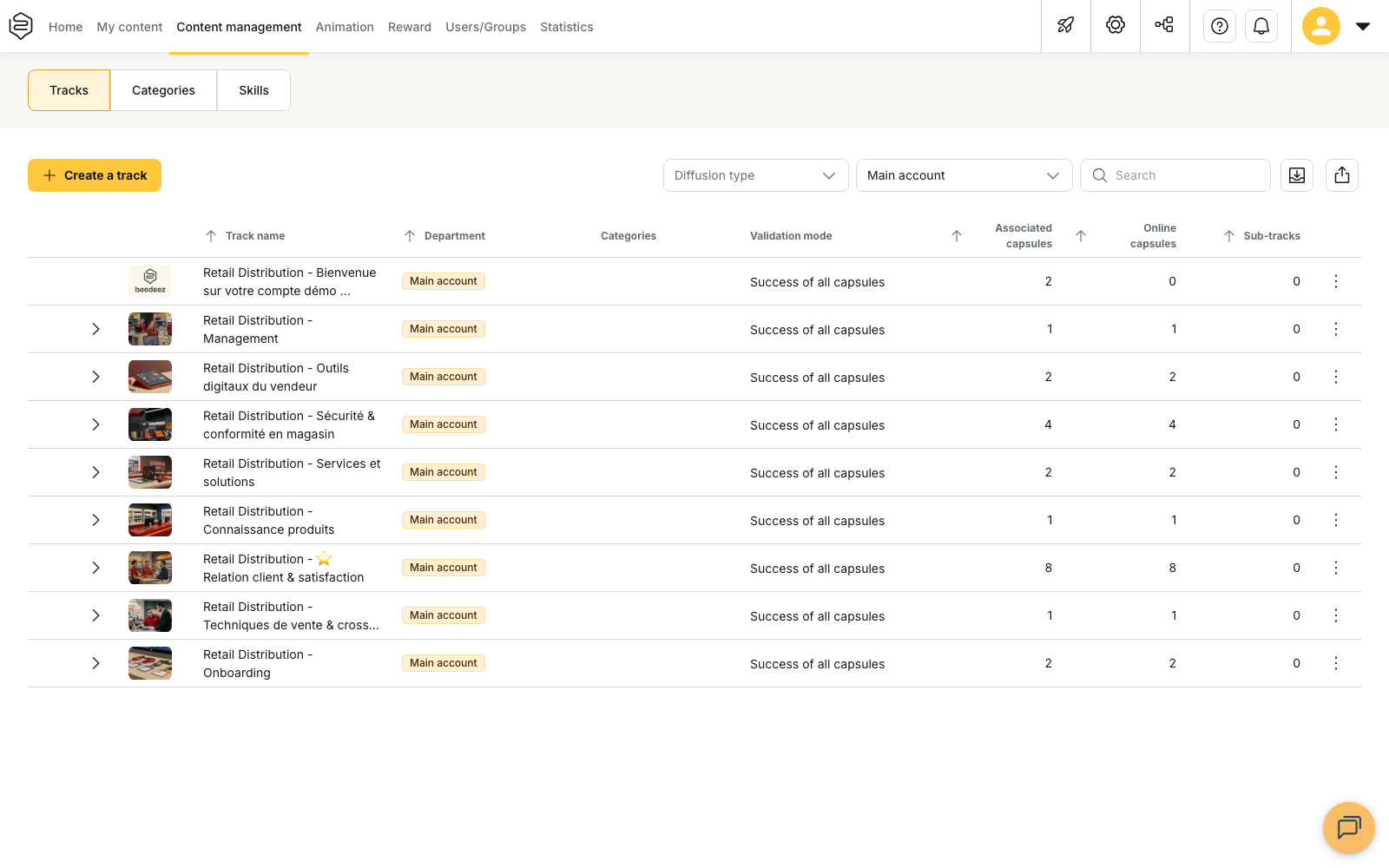 The Tracks tab under Content management: the account's track list, with department, validation mode, associated capsules and sub-tracks