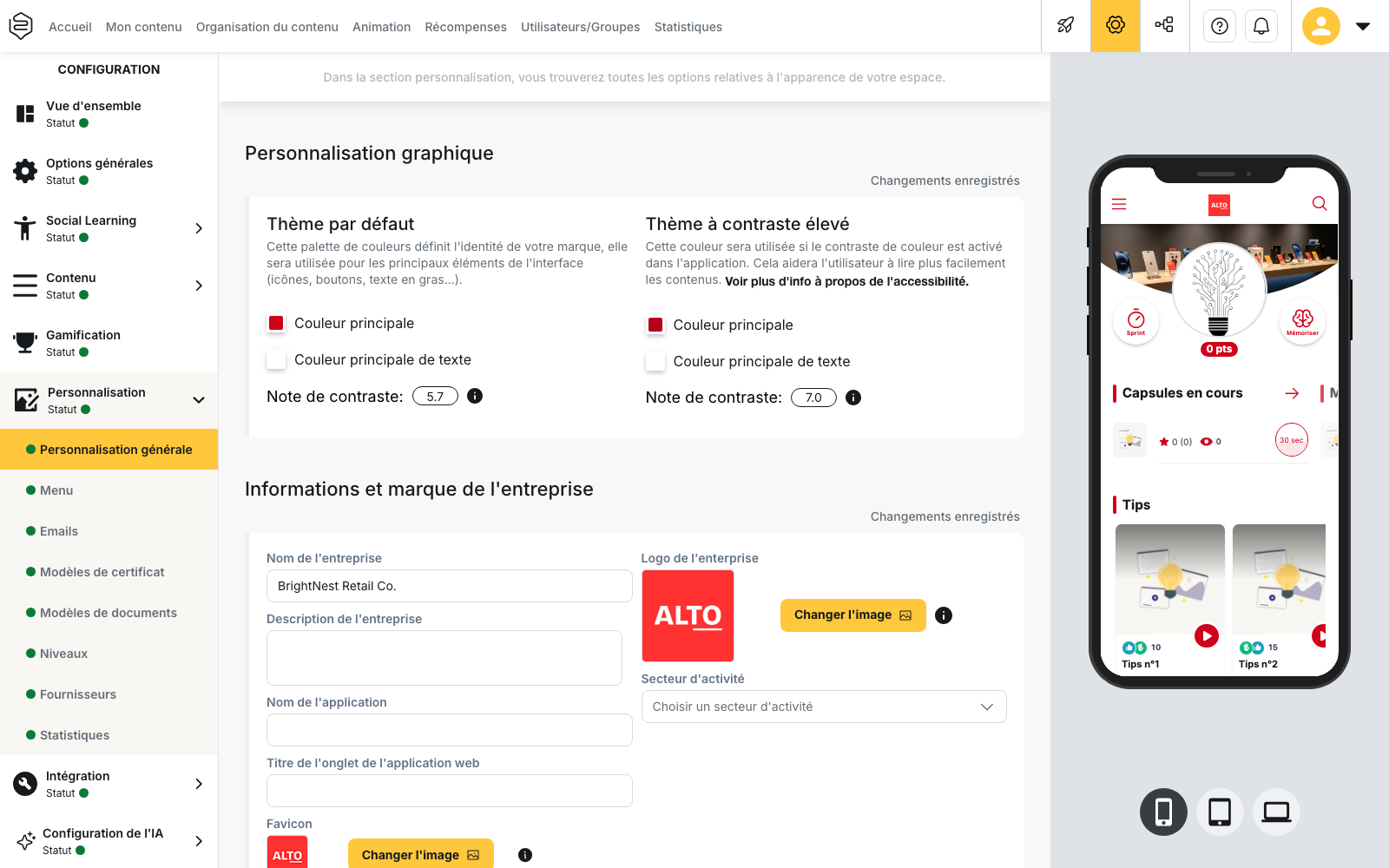 Configuration > Personnalisation > Personnalisation générale, avec l'aperçu en direct sur la droite