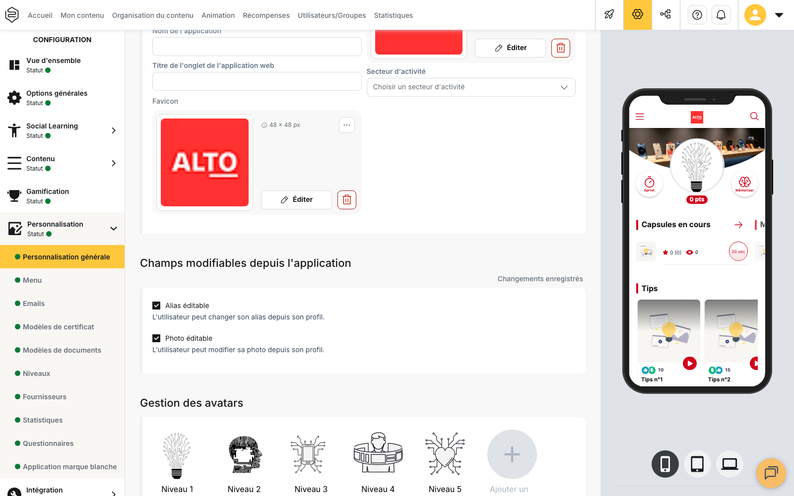 Configuration › Personnalisation › Personnalisation générale : le bloc « Champs modifiables depuis l’application » avec les cases « Alias éditable » et « Photo éditable »