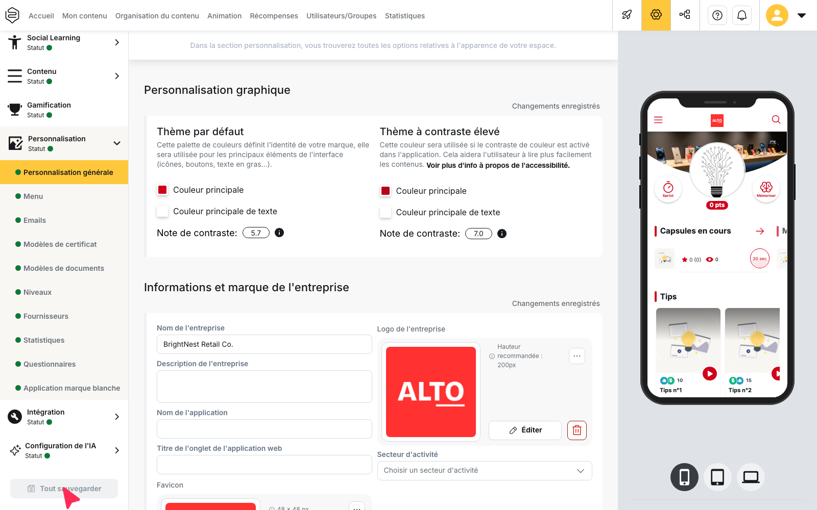 Configuration › Personnalisation › Personnalisation générale : la flèche rouge montre le bouton « Tout sauvegarder » en bas du menu de gauche