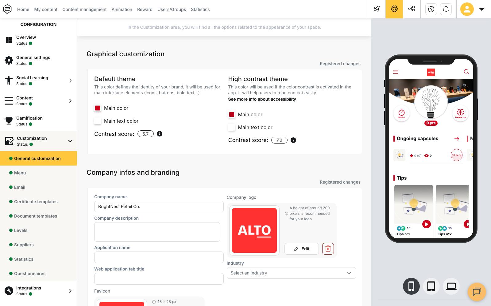 Configuration › Customization › General customization: the Graphical customization block with its two themes and their contrast score, above the Company infos and branding block