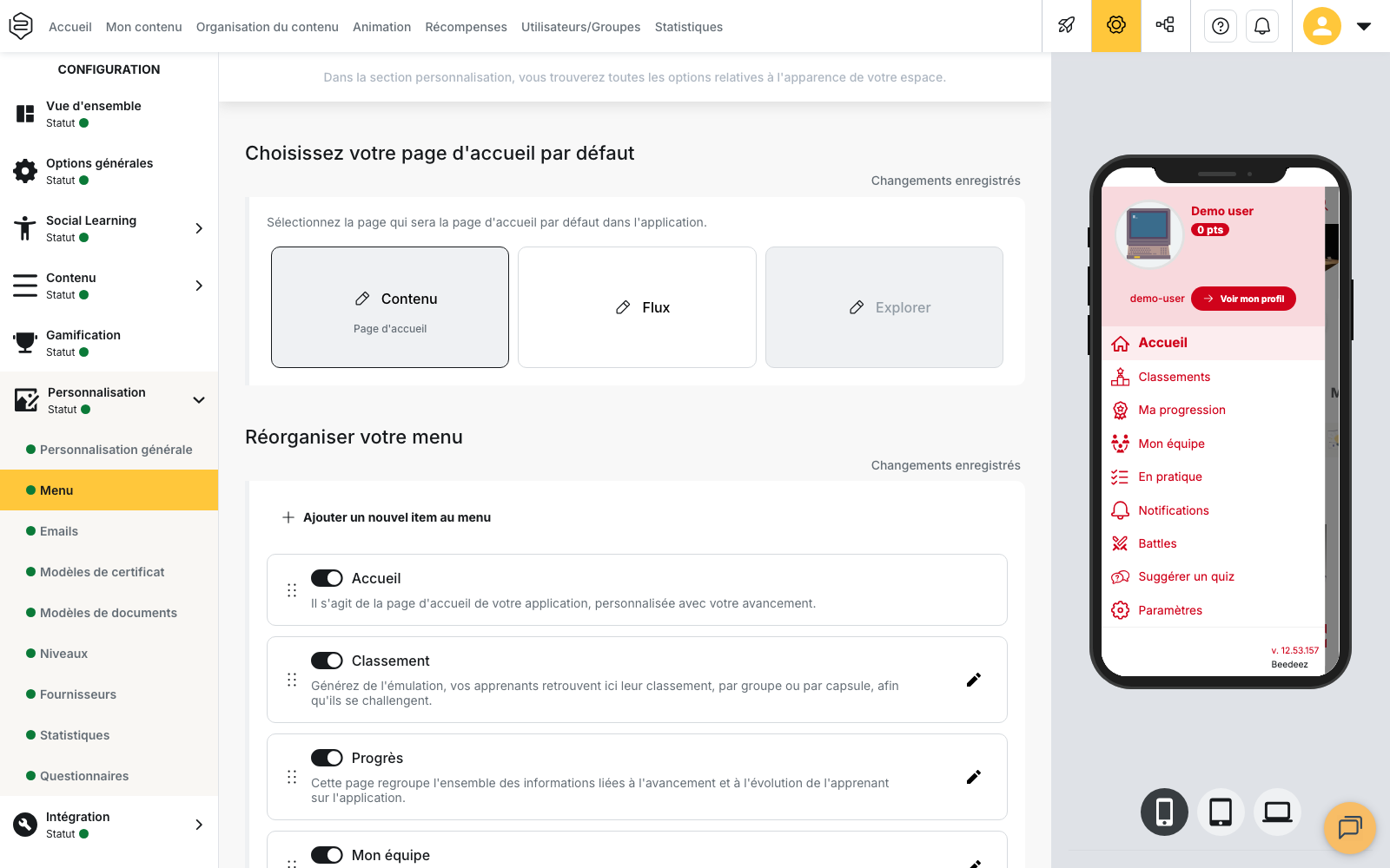 Configuration > Personnalisation > Menu : la page d’accueil par défaut et la liste des entrées du menu de l’application, avec l’aperçu mobile à droite