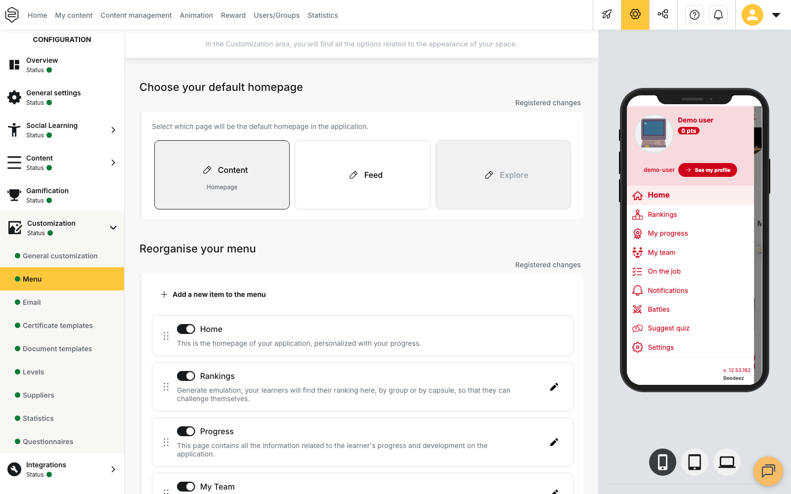 Configuration > Customization > Menu: the default home page and the organisation of the app menu