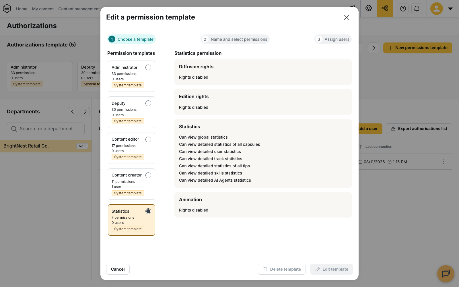 Detail of the Statistics template: the four families appear one below the other, Diffusion rights, Edition rights and Animation showing Rights disabled, only the Statistics family listing rights