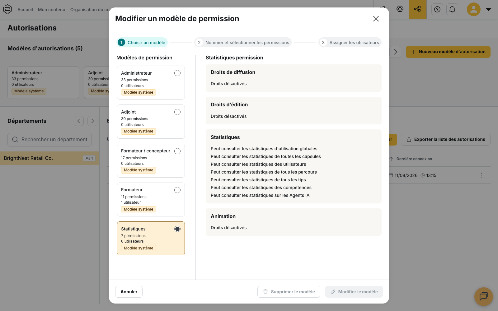 Détail du modèle Statistiques : les quatre familles apparaissent l’une sous l’autre, Droits de diffusion, Droits d’édition et Animation portant la mention « Droits désactivés », seule la famille Statistiques listant des droits