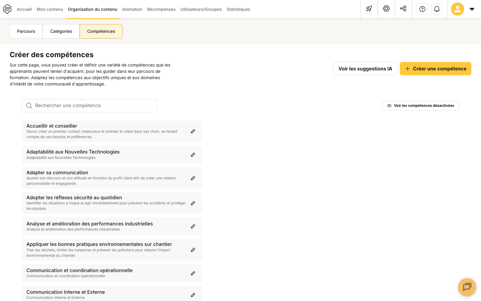 Back-office, Organisation du contenu > Compétences : la liste des compétences du référentiel, avec le champ de recherche et le bouton Créer une compétence