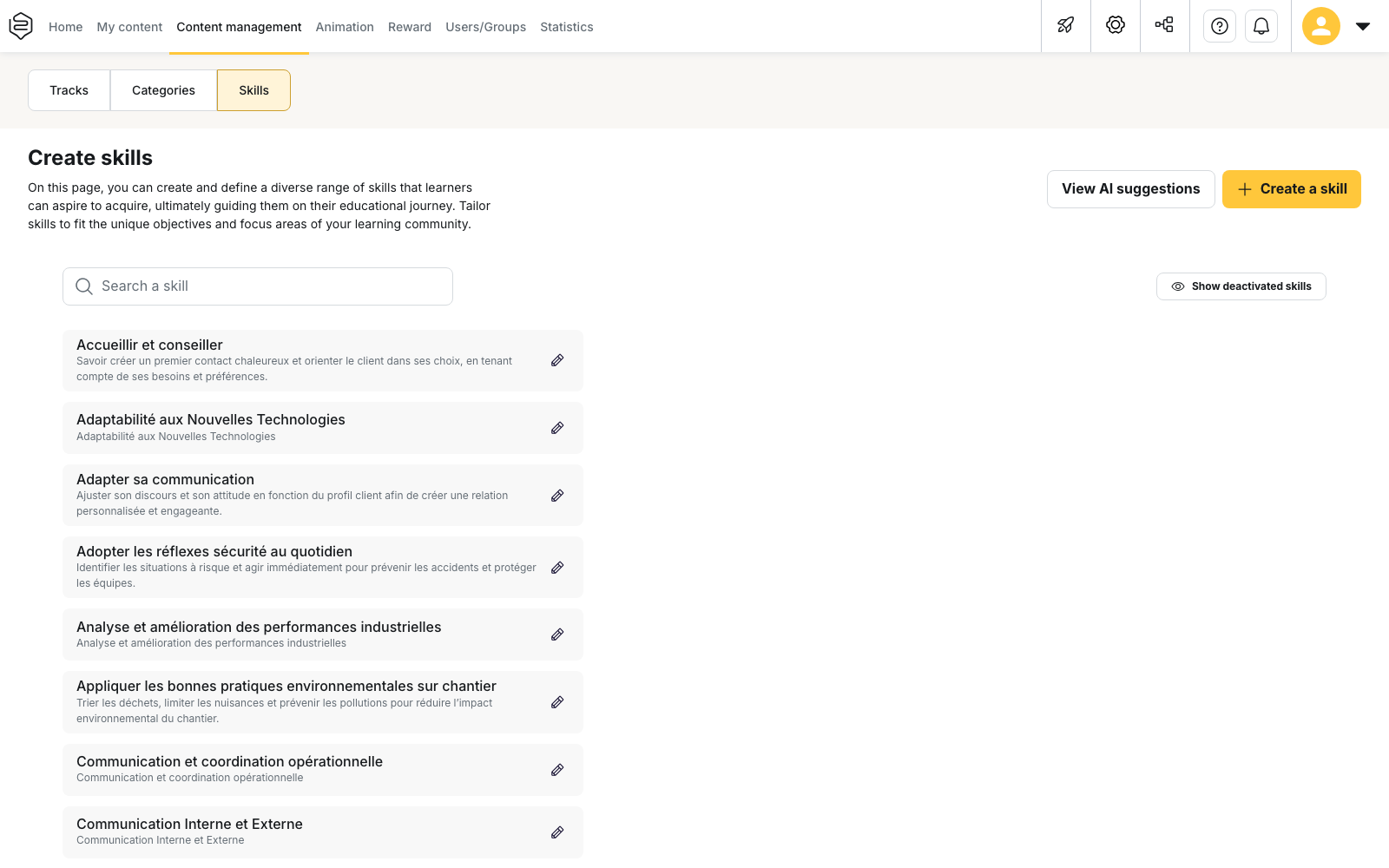 Back office, Content management > Skills: the list of skills in the framework, with the search field and the Create a skill button