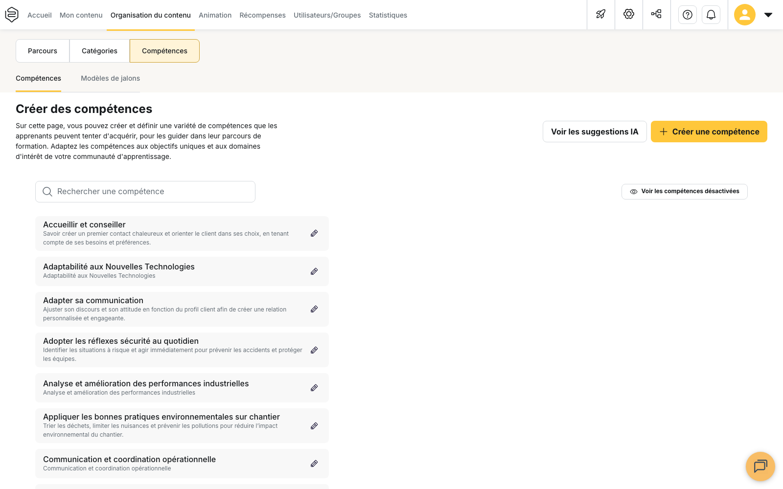 Organisation du contenu > Compétences : la liste du référentiel, la barre de recherche et le bouton « Créer une compétence »