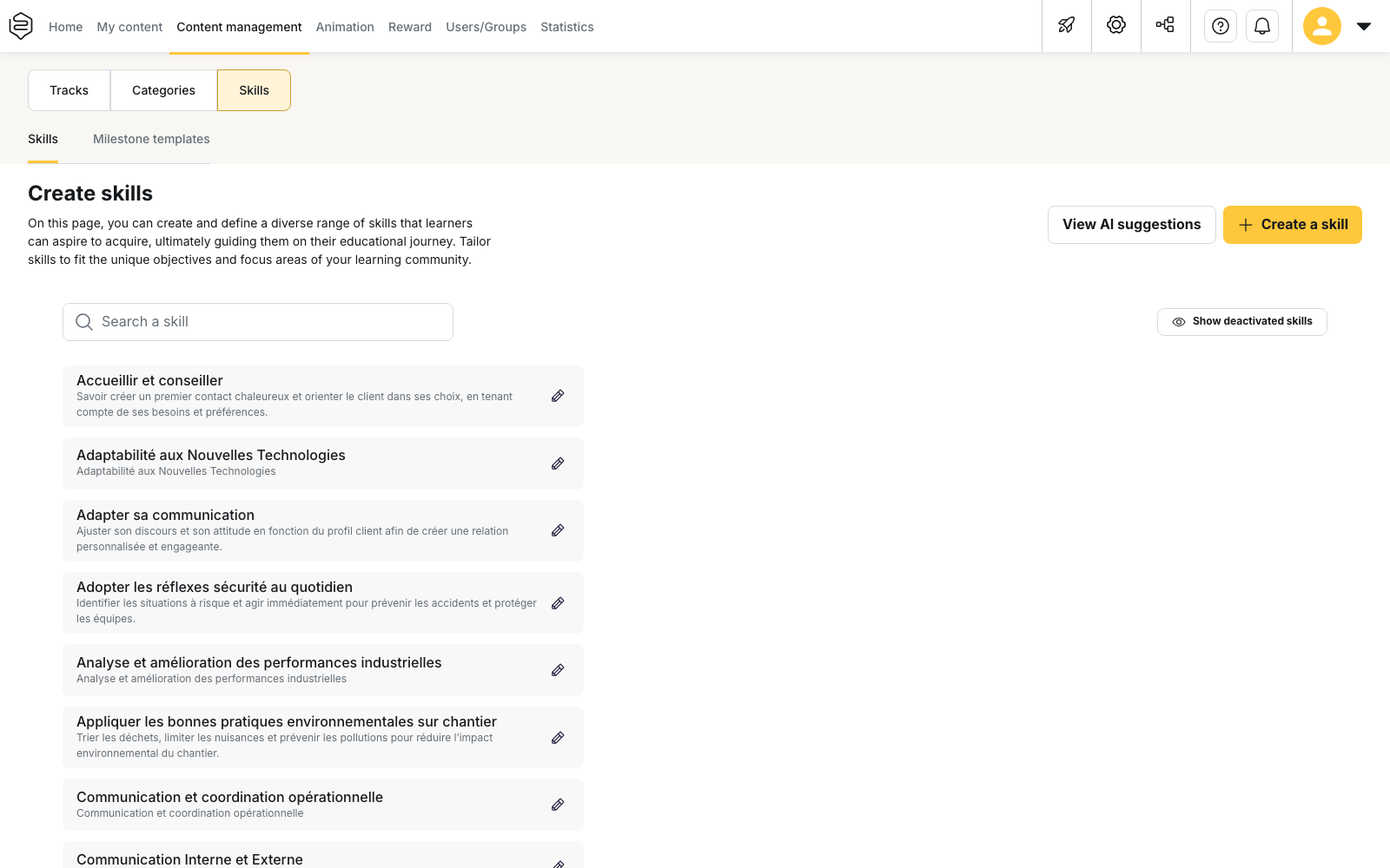 Content management > Skills: the framework list, the search field and the Create a skill button