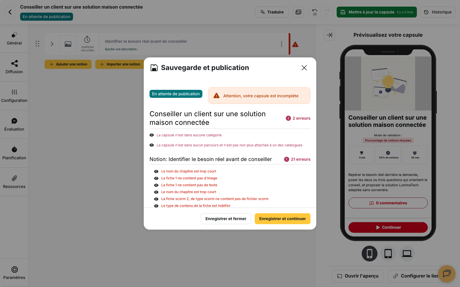 Panneau « Sauvegarde et publication » d’une capsule en attente de publication : l’encart « Attention, votre capsule est incomplète », puis la liste des erreurs de la capsule et de sa notion, avec leur nombre