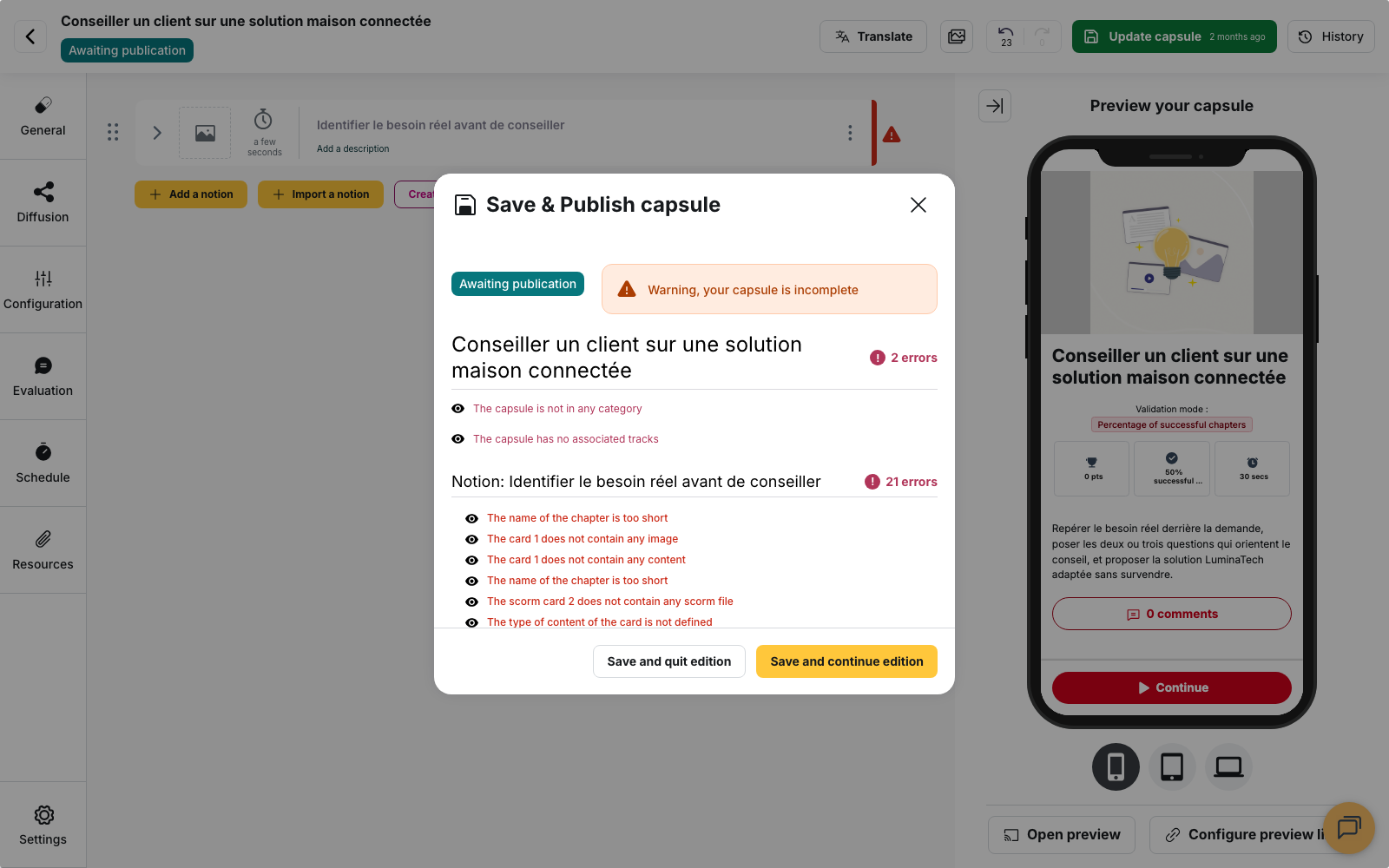 The "Save & Publish capsule" panel of a capsule awaiting publication: the "Warning, your capsule is incomplete" banner, then the list of errors for the capsule and its notion, with their count