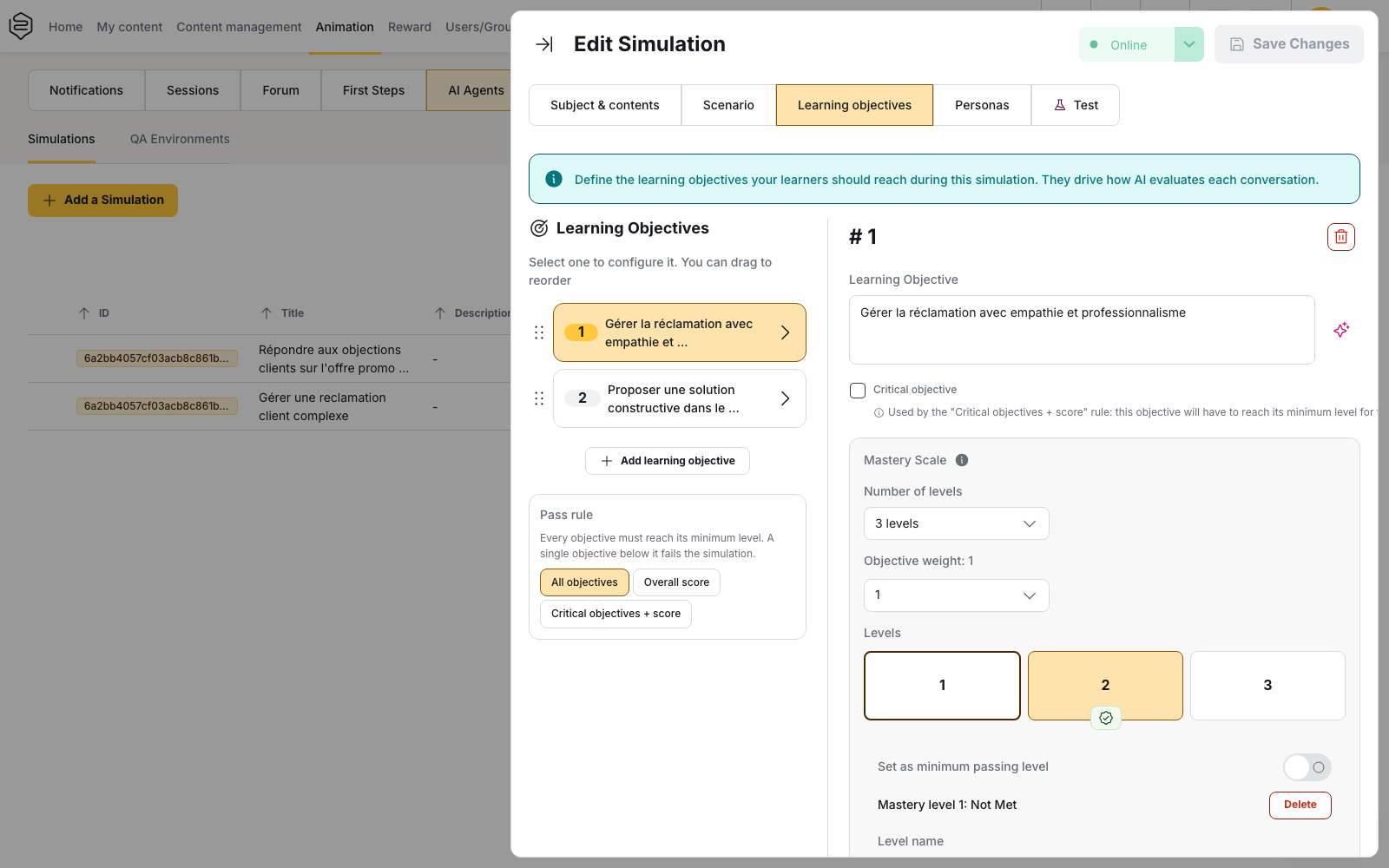 Animation › AI Agents › Simulations: the Learning objectives tab, with the pass rule and the critical objective