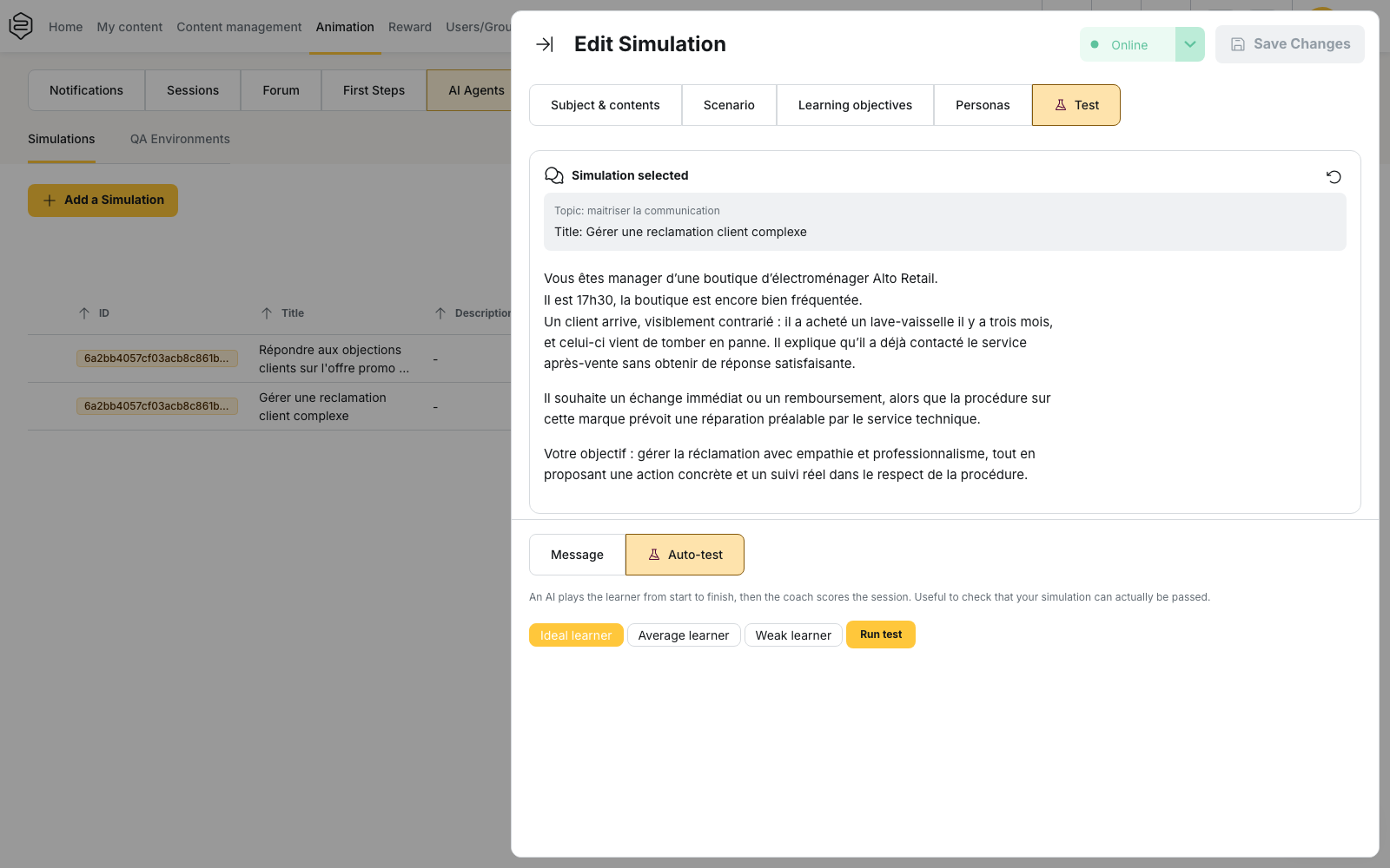 Animation › AI Agents › Simulations: the Test tab, with Auto-test and the three learner profiles