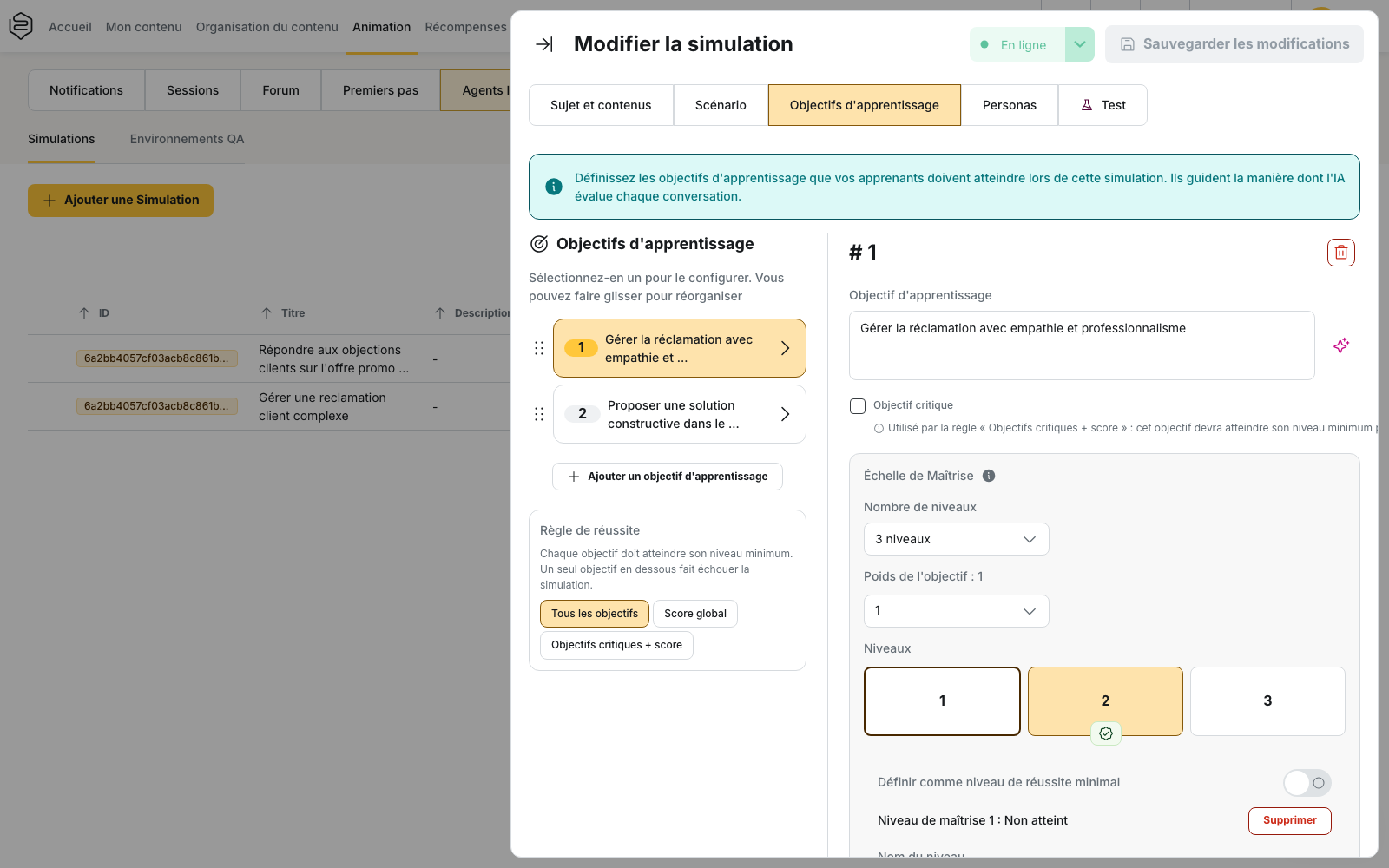 La carte « Règle de réussite » dans l’onglet « Objectifs d’apprentissage » d’une simulation, avec les options « Tous les objectifs », « Score global » et « Objectifs critiques + score »